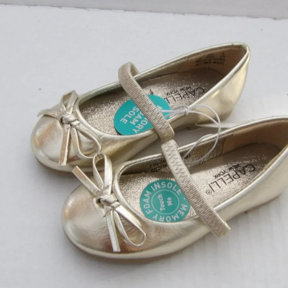 Toddler Girls Capelli Goldtone Mary Jane Style Dress Shoes w/bows, Size 5